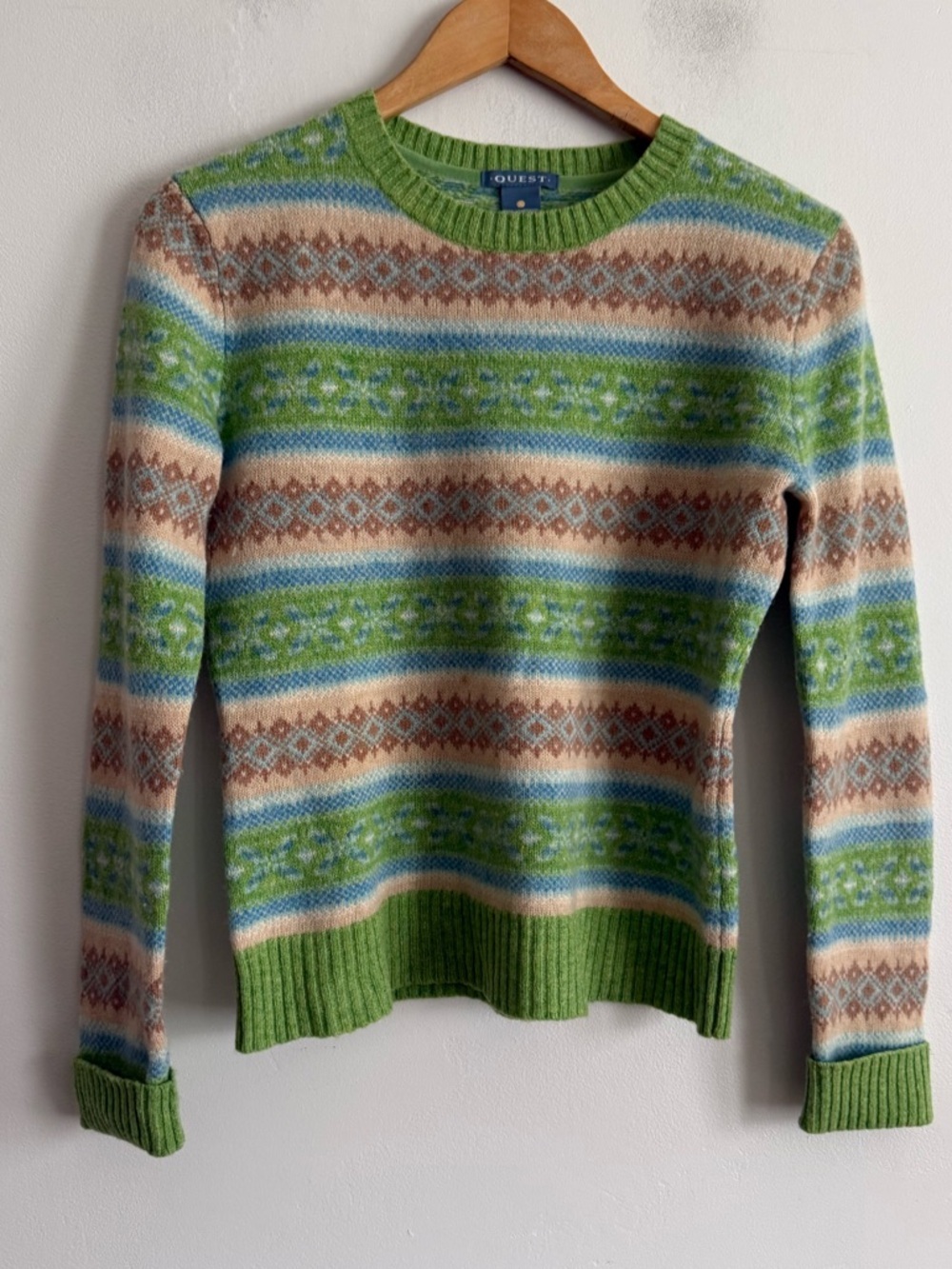 QUEST Fair Isle Wool Sweater – Green Multicolor Pattern (S)